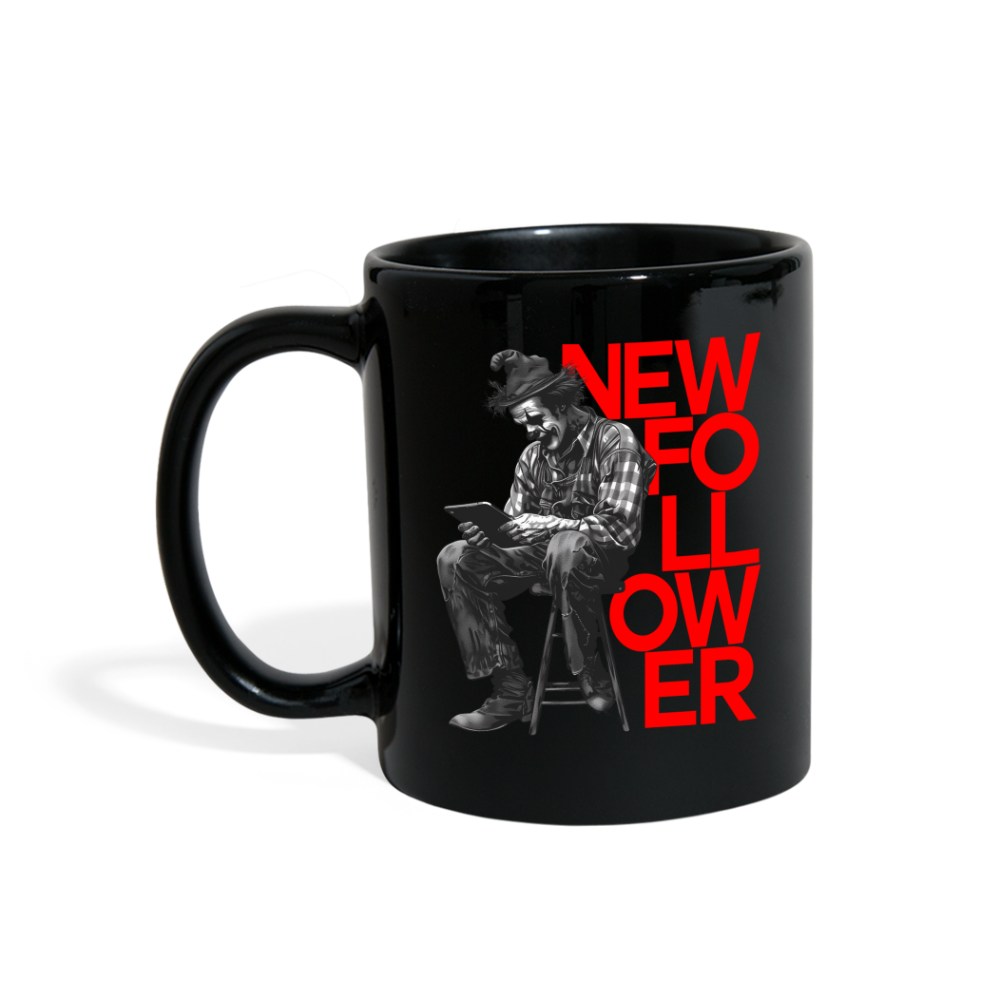 "New Follower" Vintage Clown with a Tablet 11 fl oz Full Color Mug - black