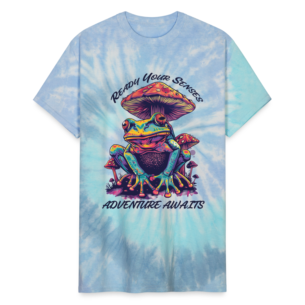 "Ready Your Senses" Adventure Awaits Unisex Tie DyeT Shirt - blue lagoon
