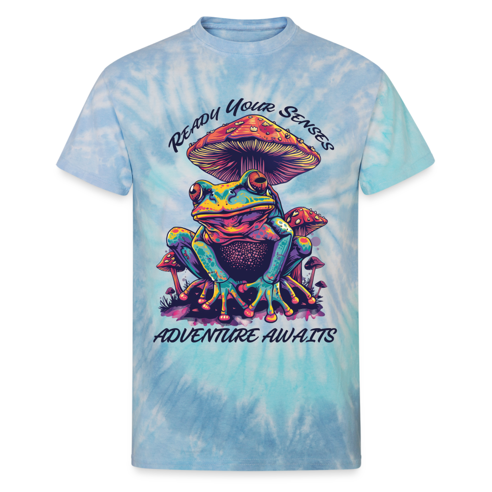 "Ready Your Senses" Adventure Awaits Unisex Tie DyeT Shirt - blue lagoon