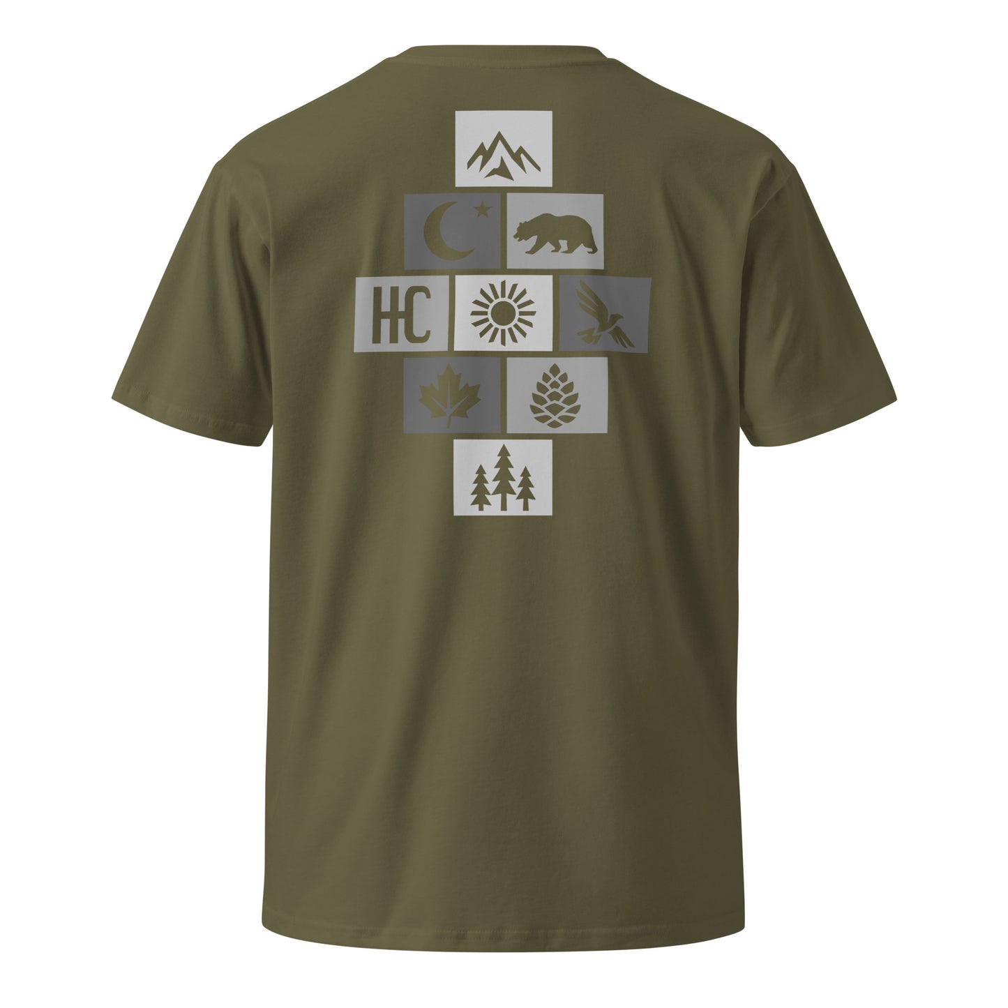 Mountain Form Premium Tee — Army, back icon cross