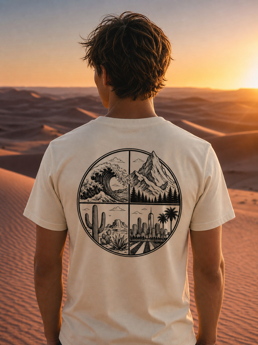 Model wearing the Four Corners tee, back view close-up