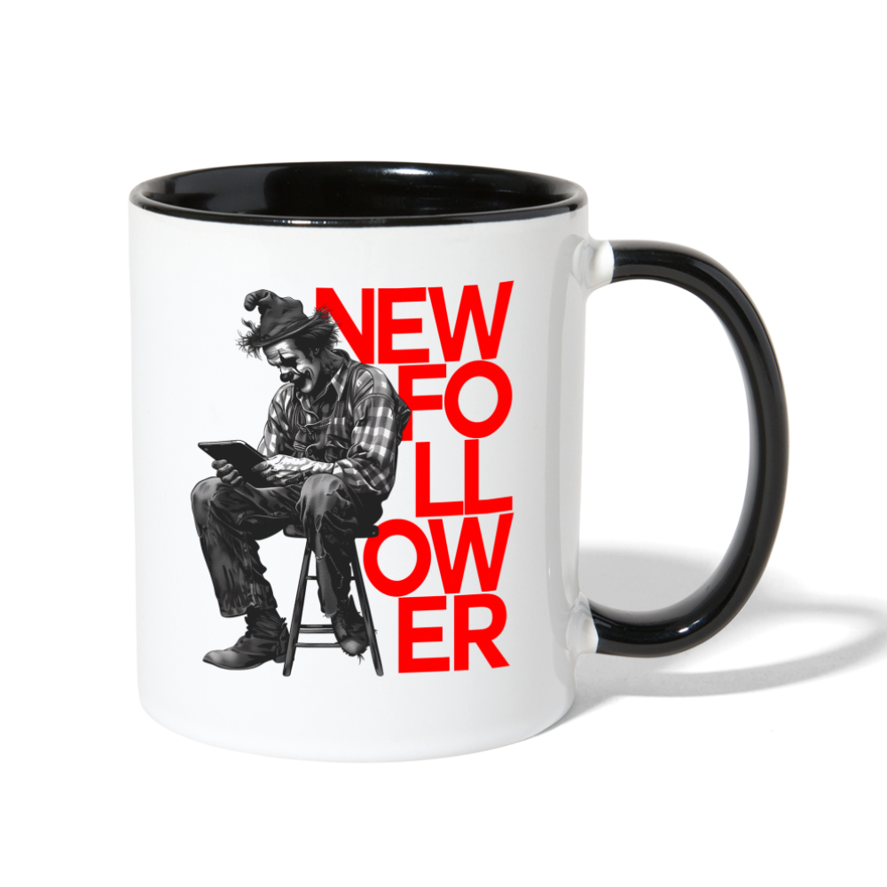 "New Follower" Vintage Clown with a Tablet 11 fl oz Contrast Mug - white/black