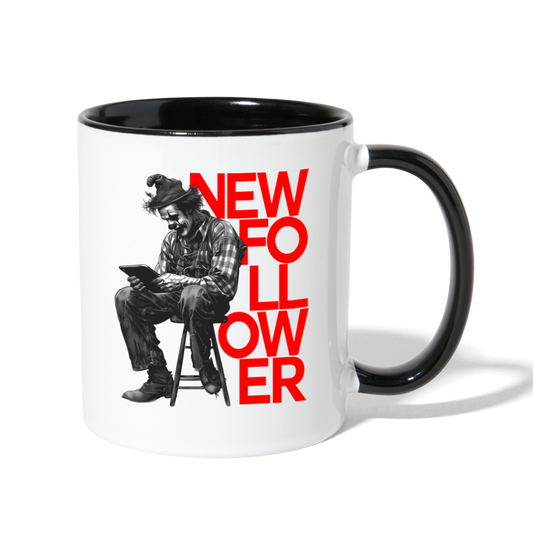 "New Follower" Vintage Clown with a Tablet 11 fl oz Contrast Mug - white/black