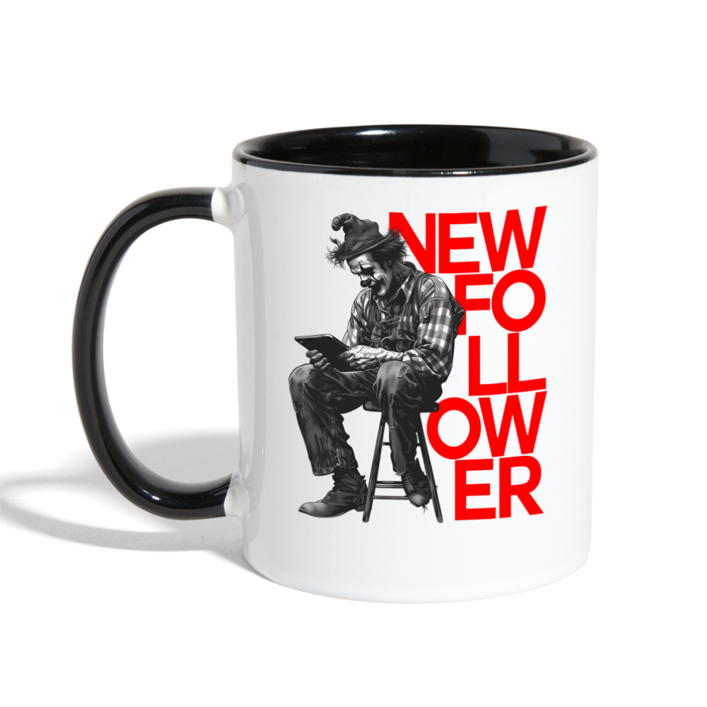 "New Follower" Vintage Clown with a Tablet 11 fl oz Contrast Mug - white/black