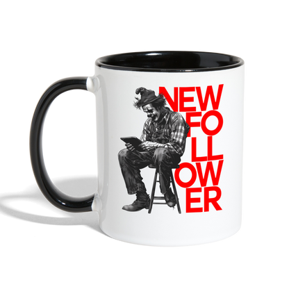 "New Follower" Vintage Clown with a Tablet 11 fl oz Contrast Mug - white/black