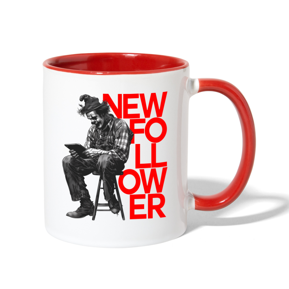 "New Follower" Vintage Clown with a Tablet 11 fl oz Contrast Mug - white/red