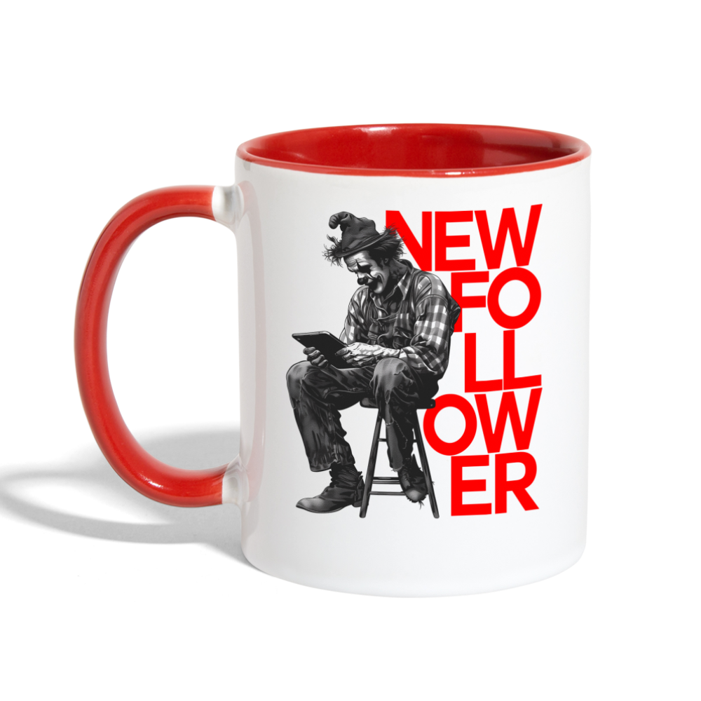 "New Follower" Vintage Clown with a Tablet 11 fl oz Contrast Mug - white/red