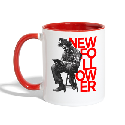 "New Follower" Vintage Clown with a Tablet 11 fl oz Contrast Mug - white/red