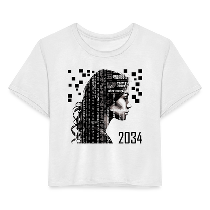 "2034 QR Girl" Women’s Crop Top - white