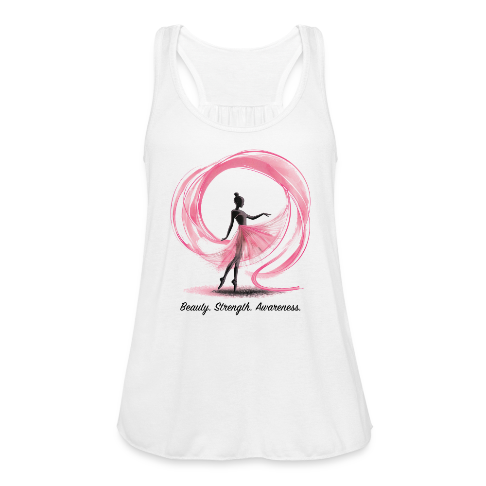 "Beauty. Strength. Awareness." Ballerina with Pink Ribbon Women's Flowy Tank Top - white