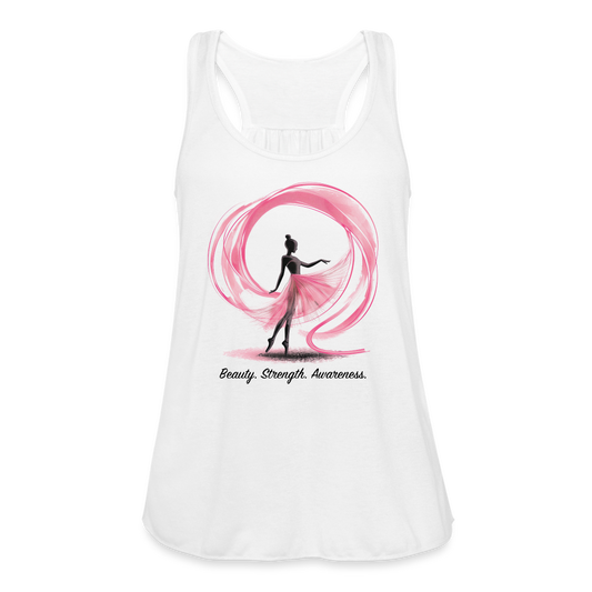 "Beauty. Strength. Awareness." Ballerina with Pink Ribbon Women's Flowy Tank Top - white