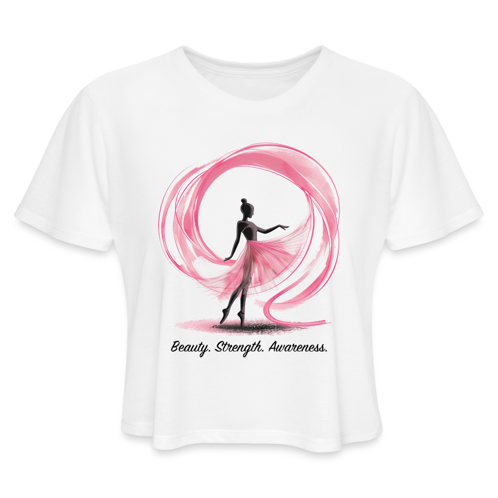 "Beauty. Strength. Awareness." Ballerina with Pink Ribbon Women's Crop Top - white