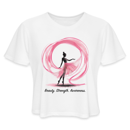 "Beauty. Strength. Awareness." Ballerina with Pink Ribbon Women's Crop Top - white