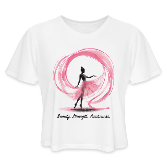 "Beauty. Strength. Awareness." Ballerina with Pink Ribbon Women's Crop Top - white