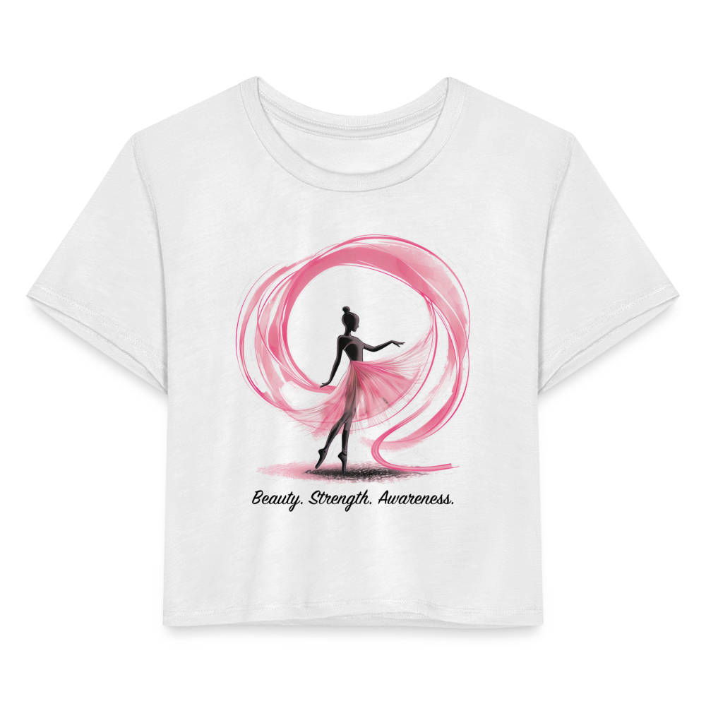 "Beauty. Strength. Awareness." Ballerina with Pink Ribbon Women's Crop Top - white