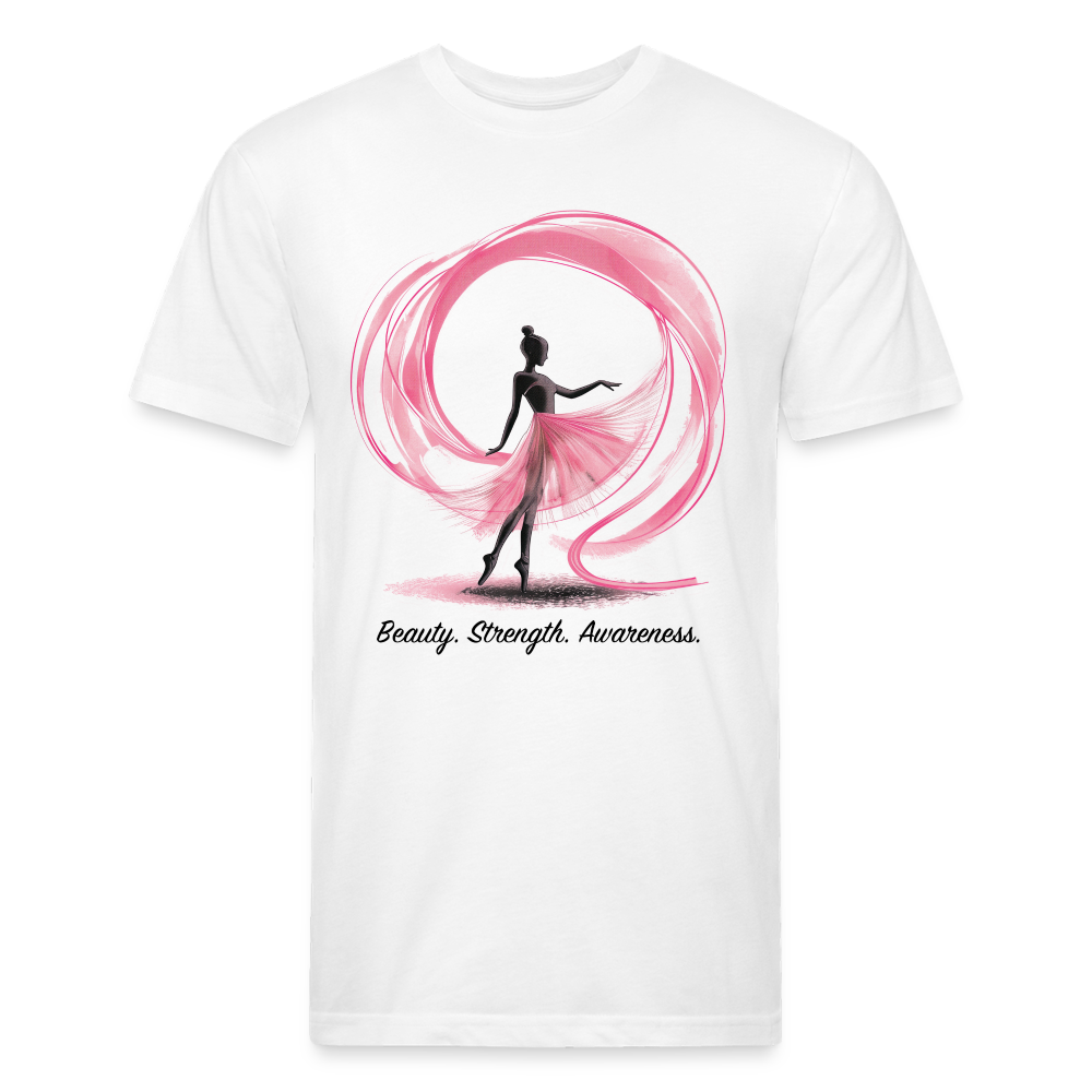 "Beauty. Strength. Awareness." Ballerina with Pink Ribbon Men's Cotton/Poly Fitted T-Shirt - white