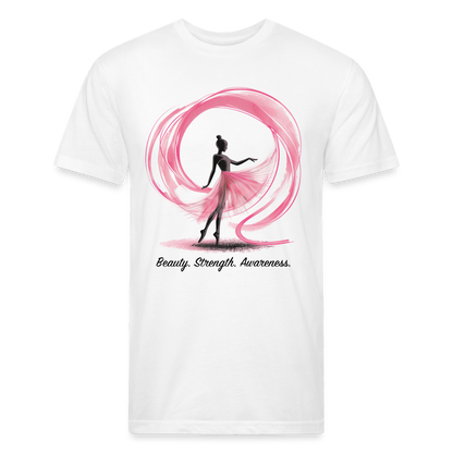 "Beauty. Strength. Awareness." Ballerina with Pink Ribbon Men's Cotton/Poly Fitted T-Shirt - white