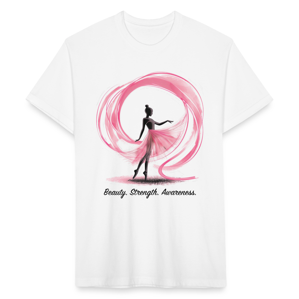 "Beauty. Strength. Awareness." Ballerina with Pink Ribbon Men's Cotton/Poly Fitted T-Shirt - white