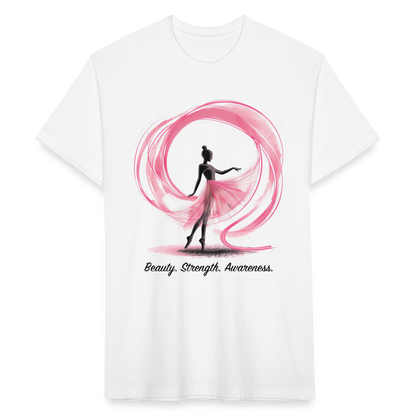 "Beauty. Strength. Awareness." Ballerina with Pink Ribbon Men's Cotton/Poly Fitted T-Shirt - white