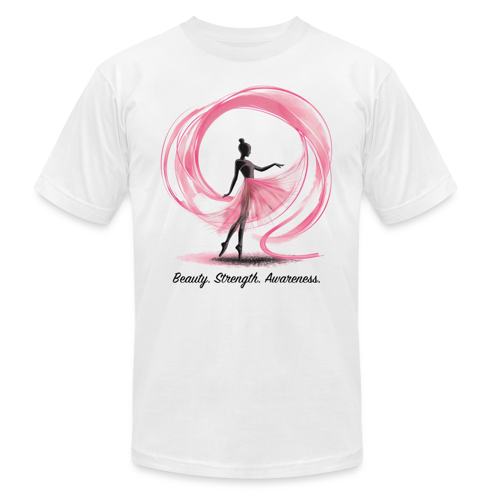 "Beauty. Strength. Awareness." Ballerina with Pink Ribbon Unisex Jersey T-Shirt - white