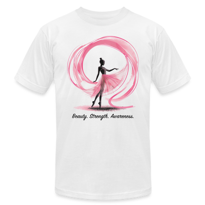 "Beauty. Strength. Awareness." Ballerina with Pink Ribbon Unisex Jersey T-Shirt - white