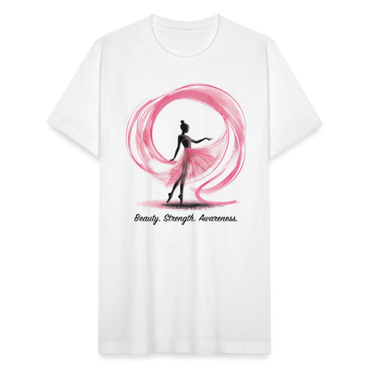 "Beauty. Strength. Awareness." Ballerina with Pink Ribbon Unisex Jersey T-Shirt - white