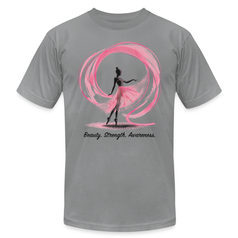 "Beauty. Strength. Awareness." Ballerina with Pink Ribbon Unisex Jersey T-Shirt - slate