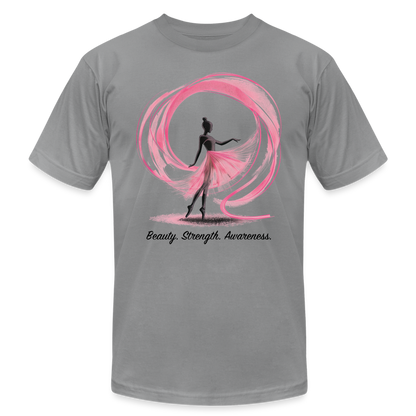 "Beauty. Strength. Awareness." Ballerina with Pink Ribbon Unisex Jersey T-Shirt - slate