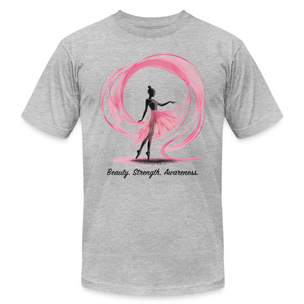 "Beauty. Strength. Awareness." Ballerina with Pink Ribbon Unisex Jersey T-Shirt - heather gray