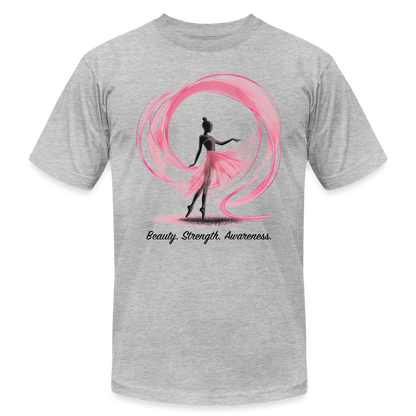 "Beauty. Strength. Awareness." Ballerina with Pink Ribbon Unisex Jersey T-Shirt - heather gray