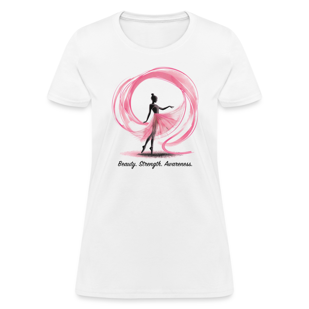 "Beauty. Strength. Awareness." Ballerina with Pink Ribbon Women's T-Shirt - white