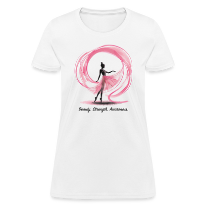 "Beauty. Strength. Awareness." Ballerina with Pink Ribbon Women's T-Shirt - white