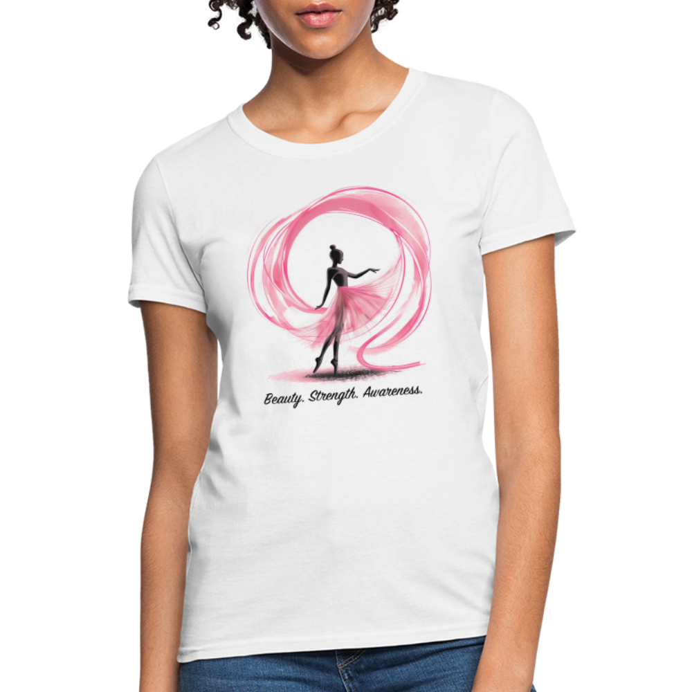 "Beauty. Strength. Awareness." Ballerina with Pink Ribbon Women's T-Shirt - white