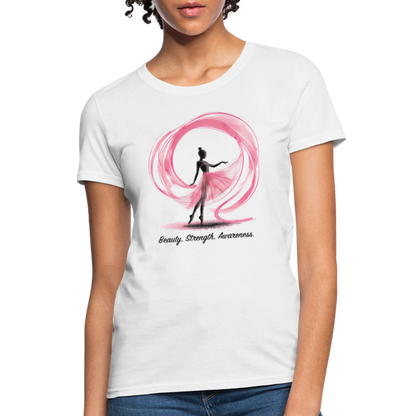 "Beauty. Strength. Awareness." Ballerina with Pink Ribbon Women's T-Shirt - white