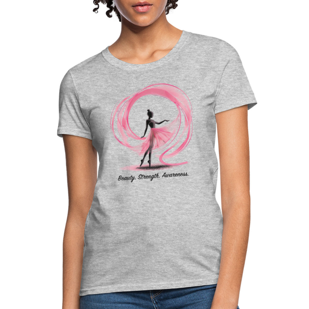 "Beauty. Strength. Awareness." Ballerina with Pink Ribbon Women's T-Shirt - heather gray