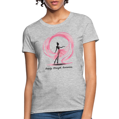 "Beauty. Strength. Awareness." Ballerina with Pink Ribbon Women's T-Shirt - heather gray