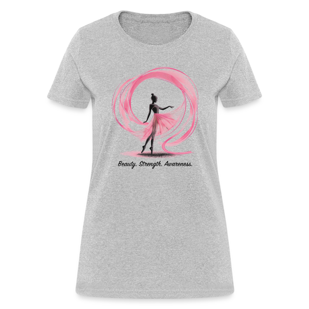 "Beauty. Strength. Awareness." Ballerina with Pink Ribbon Women's T-Shirt - heather gray