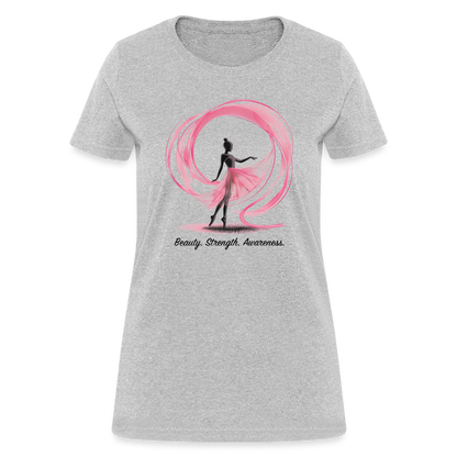 "Beauty. Strength. Awareness." Ballerina with Pink Ribbon Women's T-Shirt - heather gray