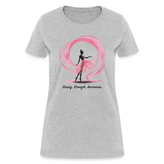 "Beauty. Strength. Awareness." Ballerina with Pink Ribbon Women's T-Shirt - heather gray