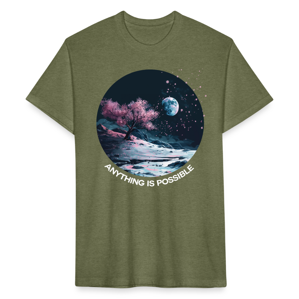 "Anything is Possible" Cherry Blossoms on the Moon Fitted Cotton/Poly T-Shirt - heather military green