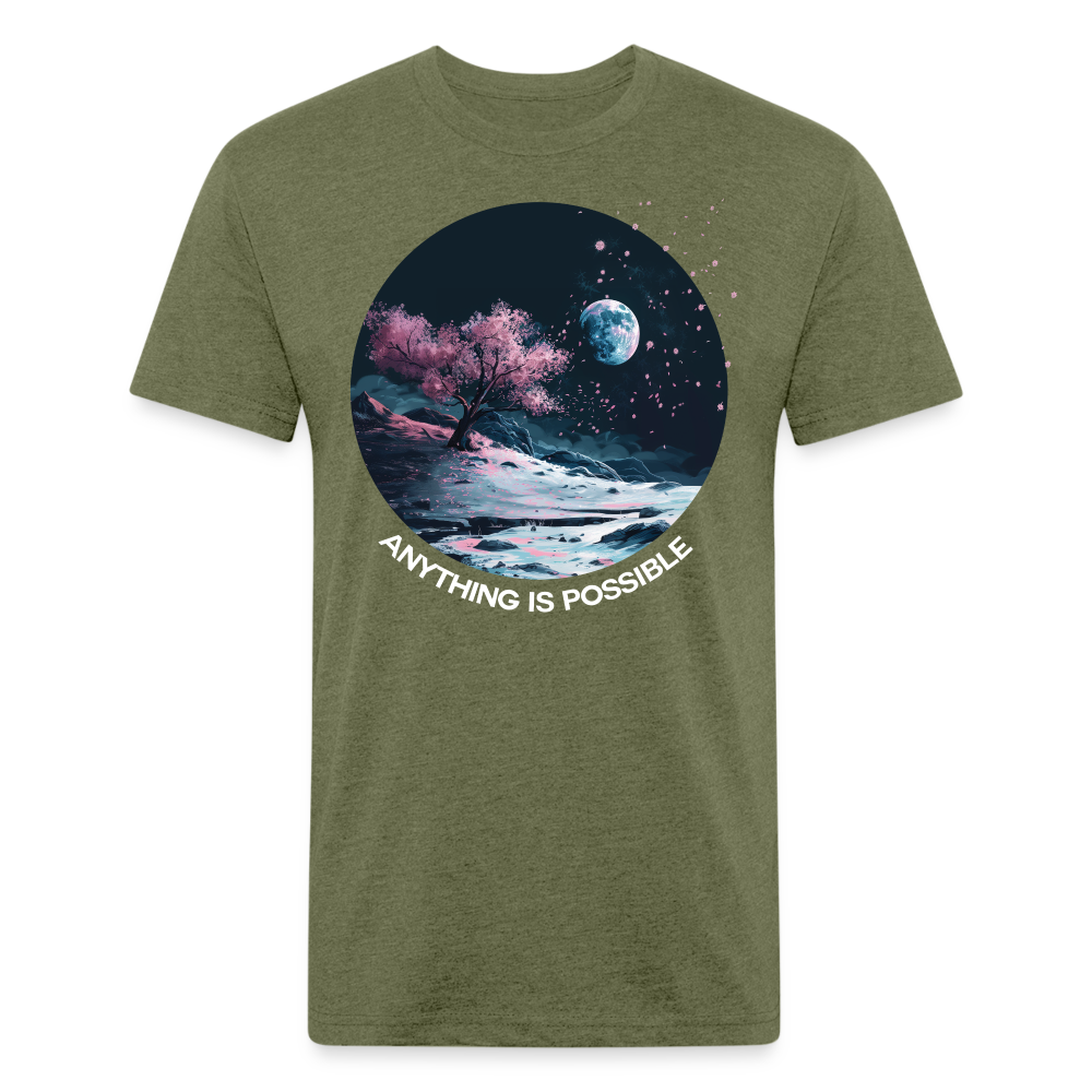 "Anything is Possible" Cherry Blossoms on the Moon Fitted Cotton/Poly T-Shirt - heather military green