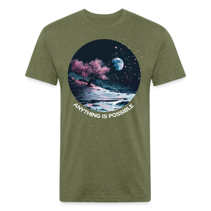 "Anything is Possible" Cherry Blossoms on the Moon Fitted Cotton/Poly T-Shirt - heather military green