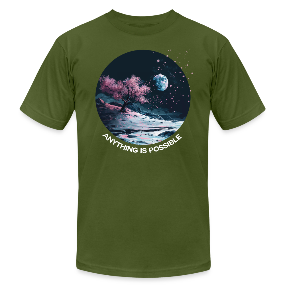 "Anything is Possible" Cherry Blossoms on the Moon Unisex Tri-Blend T-Shirt - olive