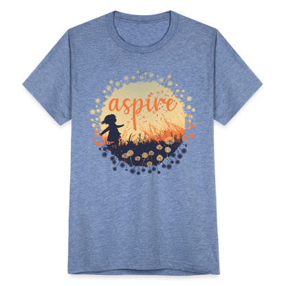 "Aspire" Dandelion Dream Field Unisex Cotton/Poly Tri-Blend T-Shirt - heather blue