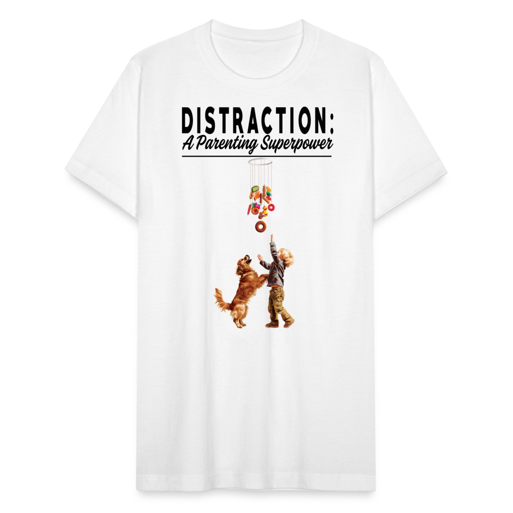 "Distraction: A Parenting Superpower" Unisex Jersey T-Shirt - white