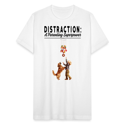 "Distraction: A Parenting Superpower" Unisex Jersey T-Shirt - white