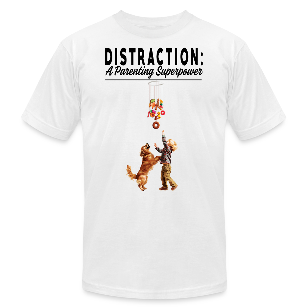 "Distraction: A Parenting Superpower" Unisex Jersey T-Shirt - white