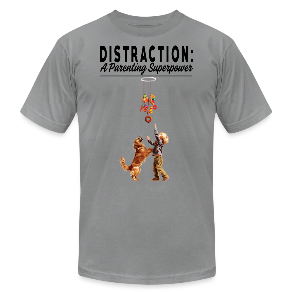 "Distraction: A Parenting Superpower" Unisex Jersey T-Shirt - slate