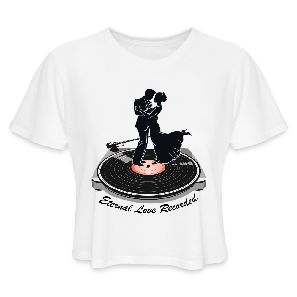 "Eternal Love Recorded" Couple Dancing on a Record Women's Crop Top - white