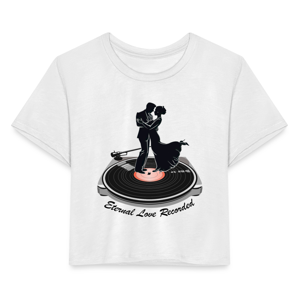 "Eternal Love Recorded" Couple Dancing on a Record Women's Crop Top - white